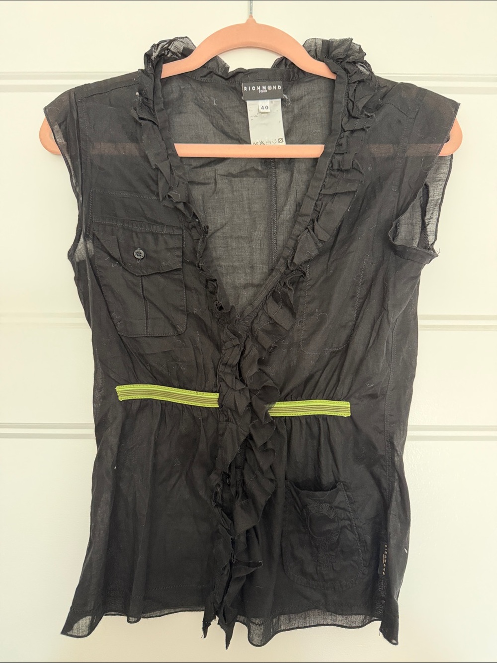 Richmond Denim Black Ruffle Sheer Blouse | Italian Designer | Size 40 (US 4)